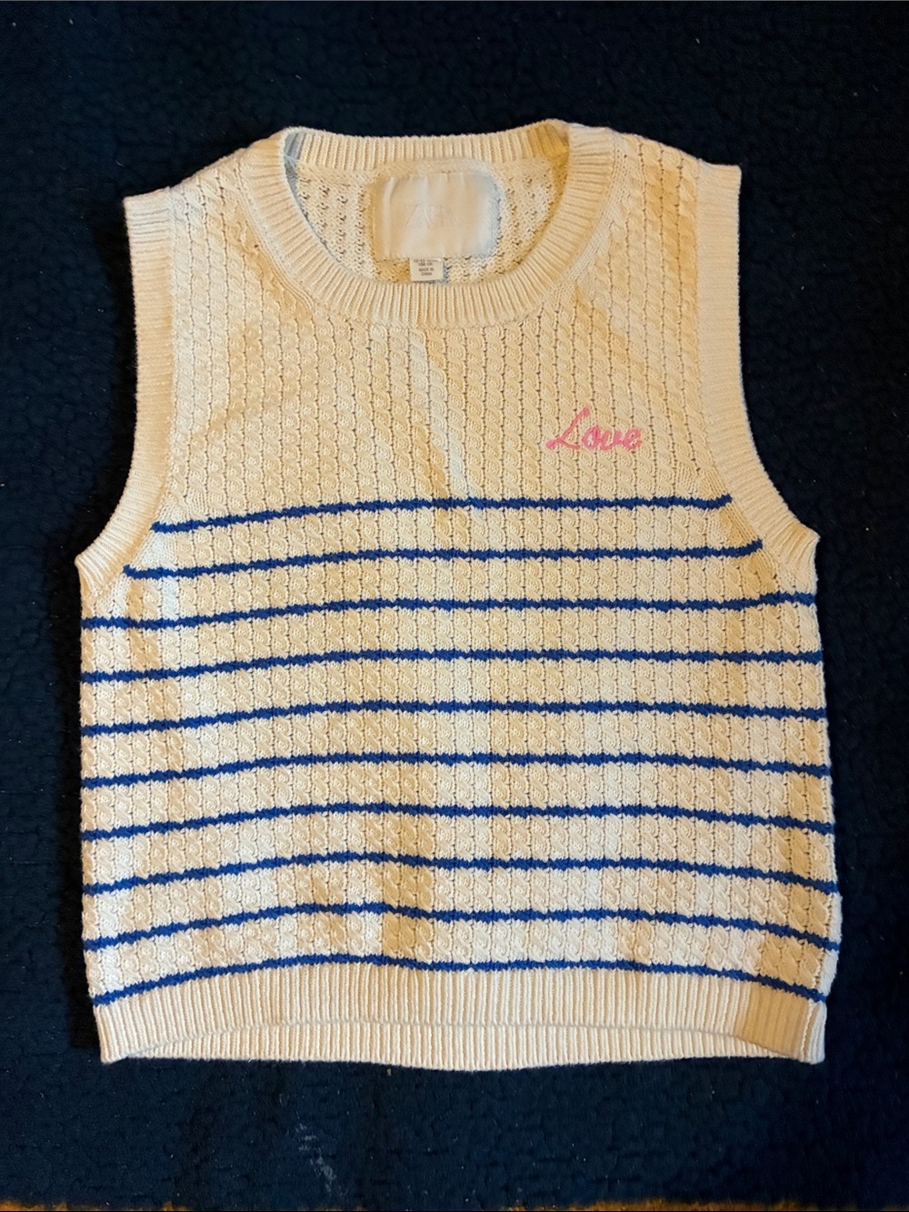 Zara Cream Knit Sleeveless Top with Blue Stripes and Pink 'Love' Accent